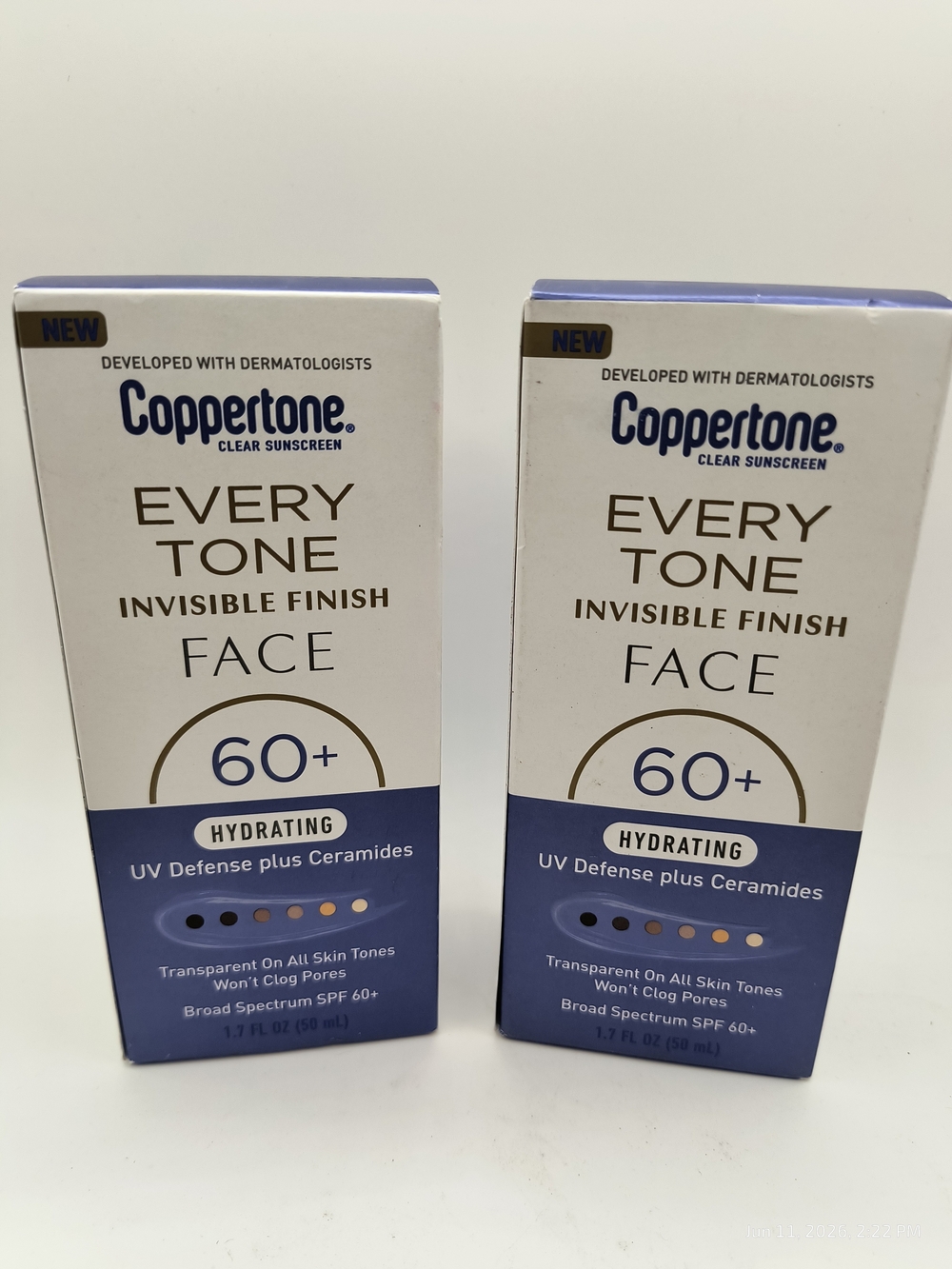 Coppertone Every Tone Invisible Finish Face Sunscreen SPF 60+ Hydrating LOT OF 2